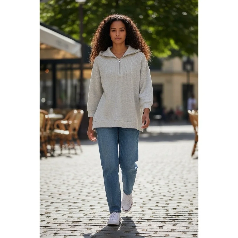 Sweaty Betty Gray Marled Waffle Knit‎ Half Zip Pullover Sweater Medium US 10